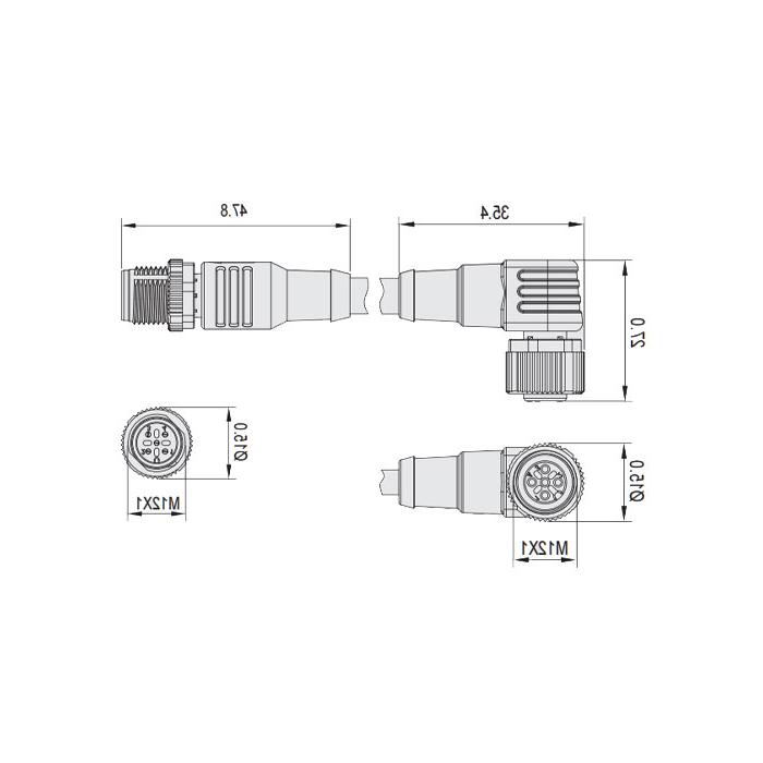 M12 4Pin、母头90°转公头直型、双端预铸防焊渣PUR柔性电缆、黄色护套、64T141-XXX